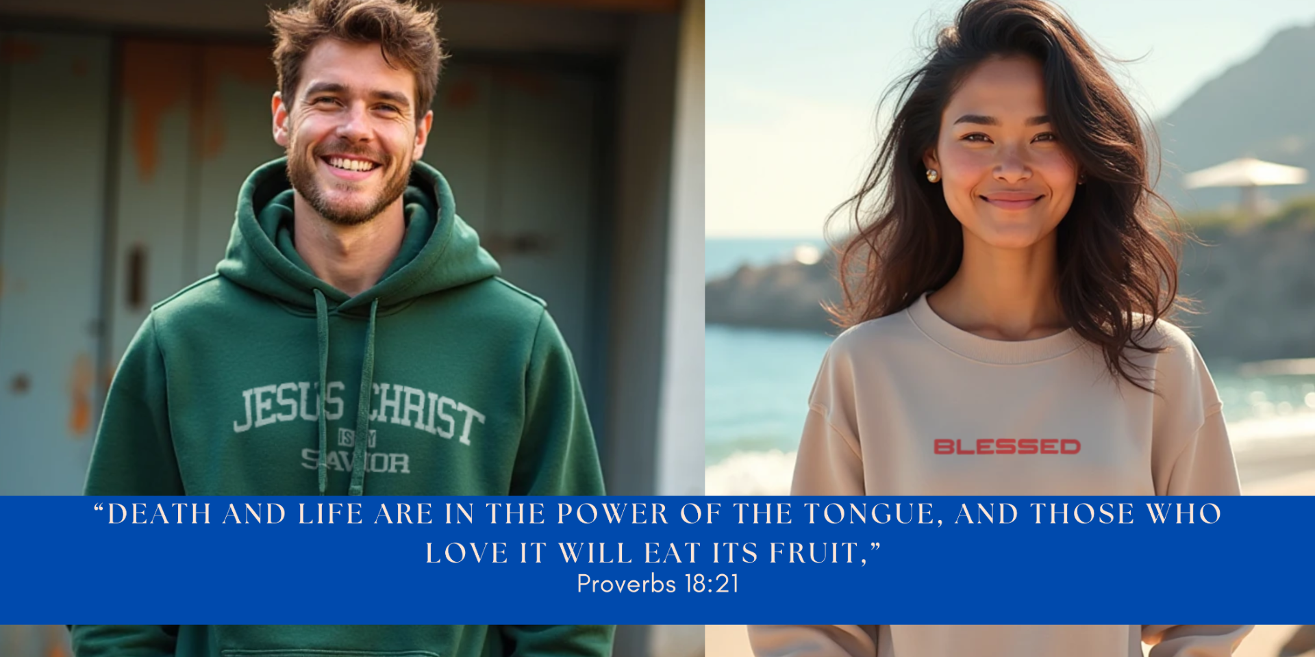 Two people, one wearing a green hoodie and the other a white shirt with text, with a Proverbs quote overlay.